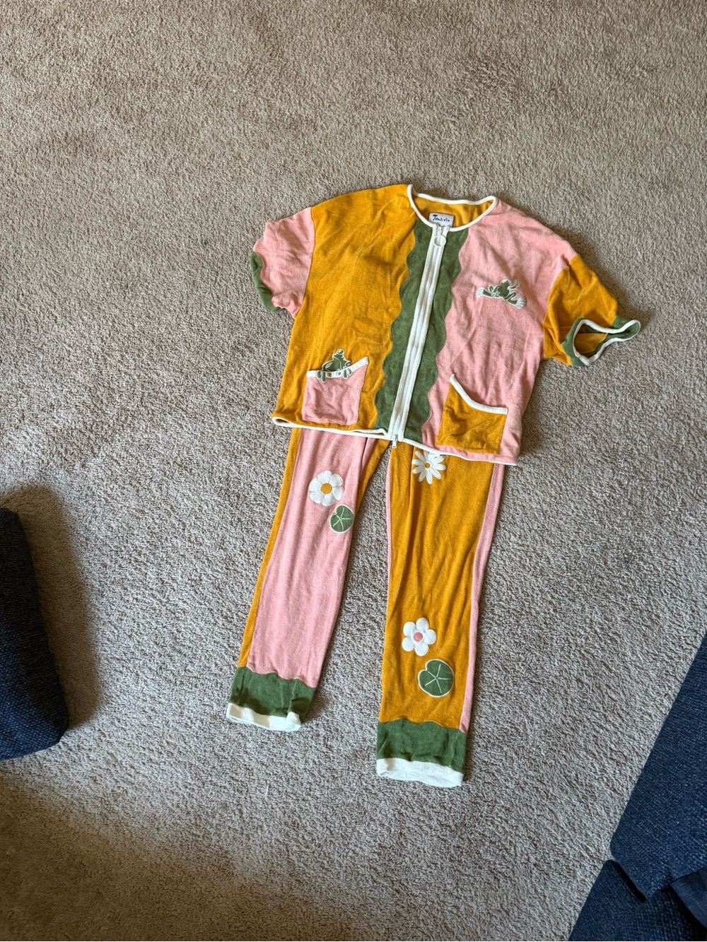 Women’s Two-Tone Pink & Mustard Track Joggers Set with Floral Appliqué